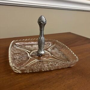 Vintage Clear Glass with Daisies Dessert Serving Tray with Silver Handle